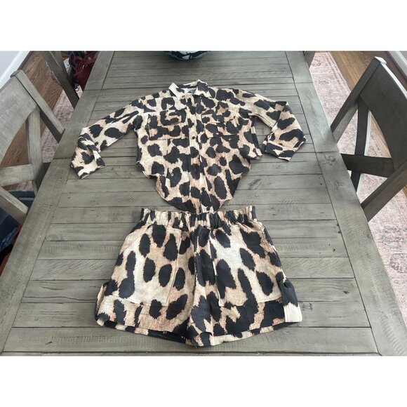 GANNI Silk Linen Leopard Print Shirt + Matching Shorts SET Size 32 XS - Picture 4 of 13